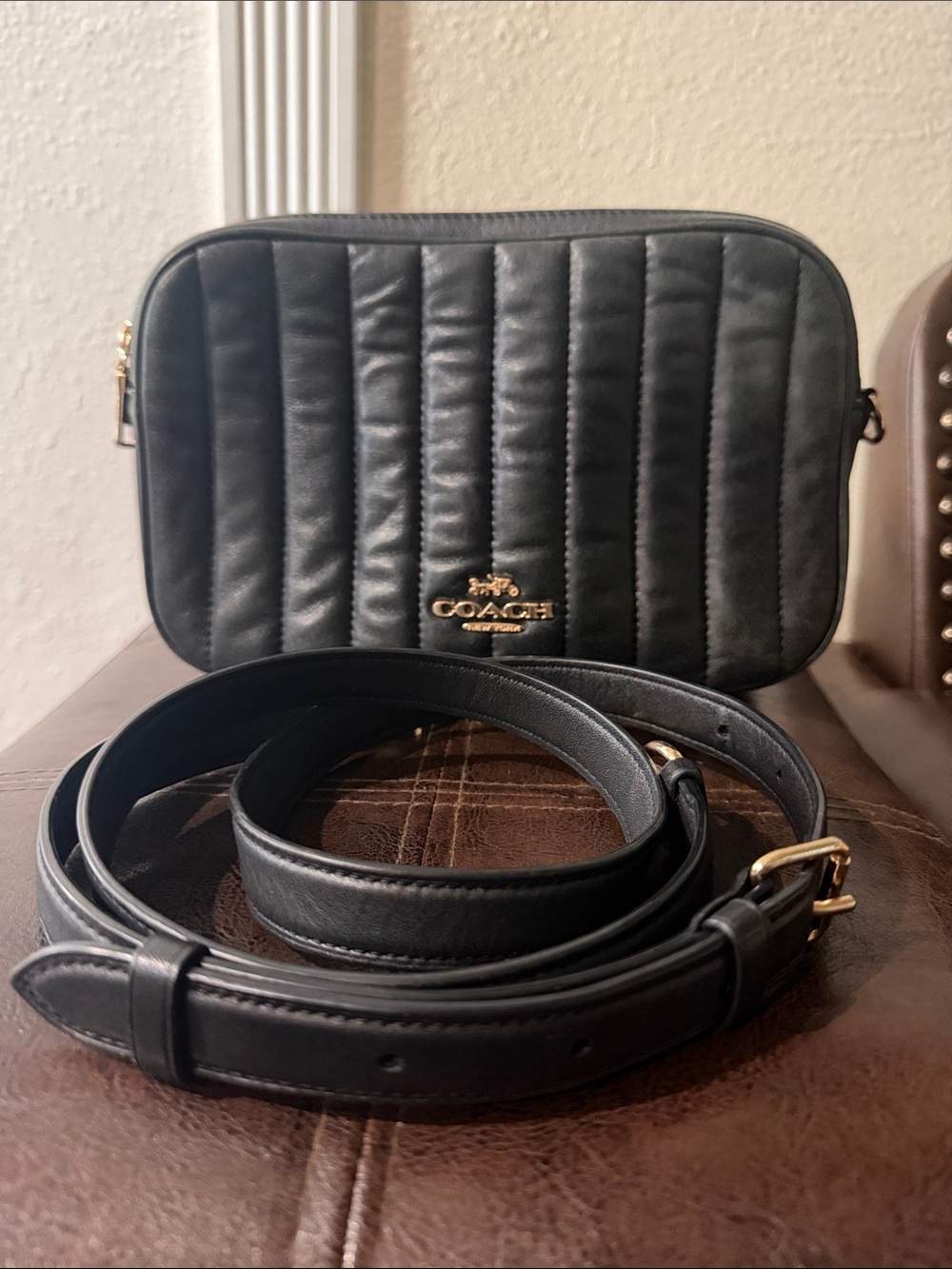 Coach Black Quilted Leather crossbody jet Bag with Gold Hardware